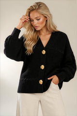 Isla Oversized Gold Button Knit Cardigan – Black
