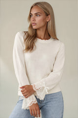 Poppy Lace Cuff Bow Detail Knitted Jumper - Cream
