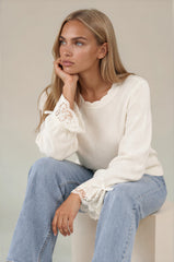 Poppy Lace Cuff Bow Detail Knitted Jumper - Cream