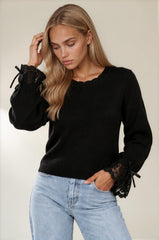 Poppy Lace Cuff Bow Detail Knitted Jumper - Black