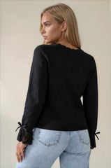 Poppy Lace Cuff Bow Detail Knitted Jumper - Black