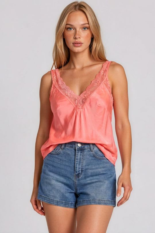 Skyler Satin Lace Trim Cami Top - Coral