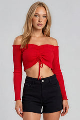 Brynlee Ribbed Ruched Front Bardot Crop Top - Red