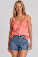 Skyler Satin Lace Trim Cami Top - Coral
