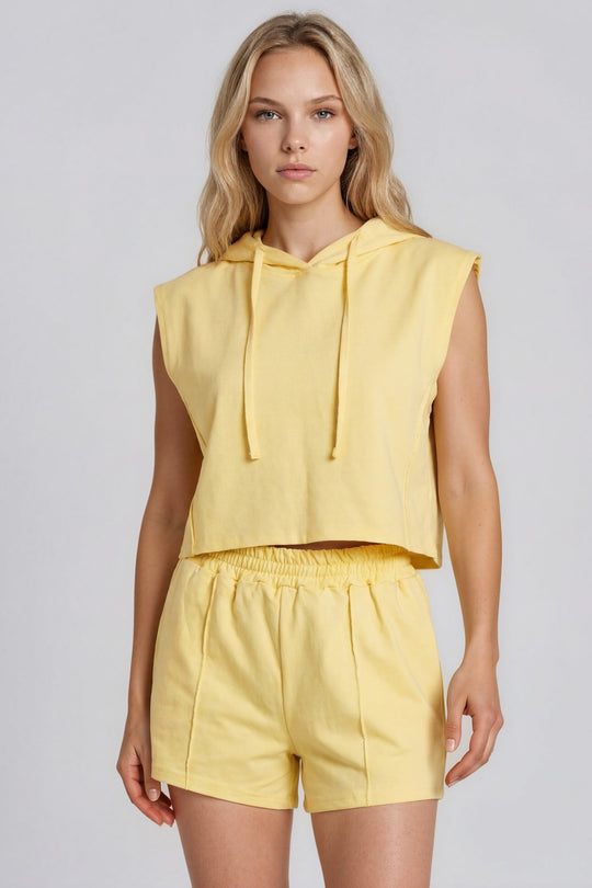 Melania Sleeveless Hoodie Shorts Co-Ord Set - Yellow