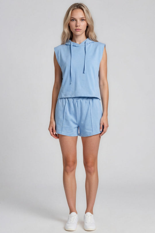 Melania Sleeveless Hoodie Shorts Co-Ord Set - Baby Blue