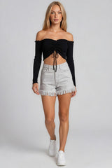Brynlee Ribbed Ruched Front Bardot Crop Top - Black