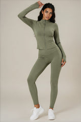Rosie Sculpting Zip Front Leggings Co-Ord Set - Khaki