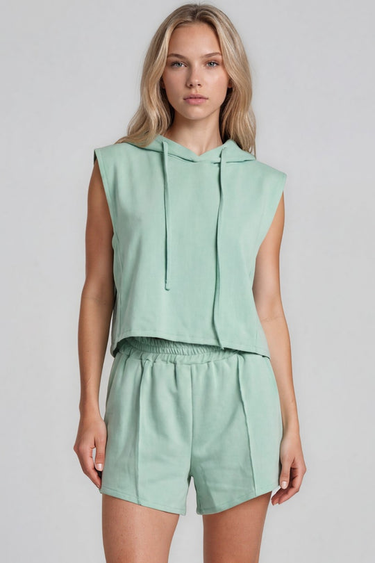 Melania Sleeveless Hoodie Shorts Co-Ord Set - Sage Green