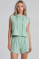Melania Sleeveless Hoodie Shorts Co-Ord Set - Sage Green