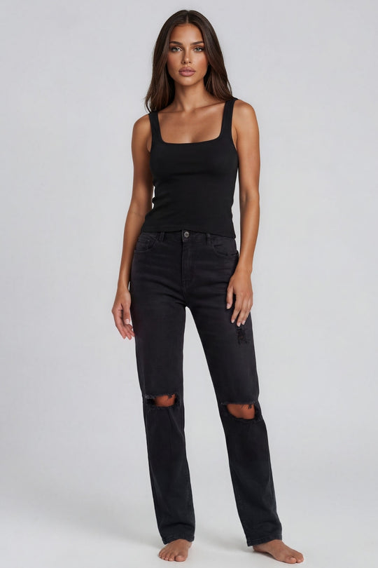 Evalyn Distressed Straight Leg Jeans - Black