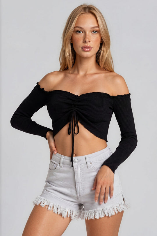 Brynlee Ribbed Ruched Front Bardot Crop Top - Black