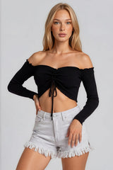 Brynlee Ribbed Ruched Front Bardot Crop Top - Black