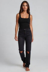 Evalyn Distressed Straight Leg Jeans - Black