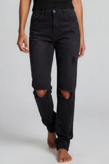 Evalyn Distressed Straight Leg Jeans - Black