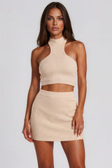 Renee Ribbed Halter Neck Skirt Co-Ord Set - Stone