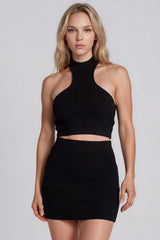 Renee Ribbed Halter Neck Skirt Co-Ord Set - Black