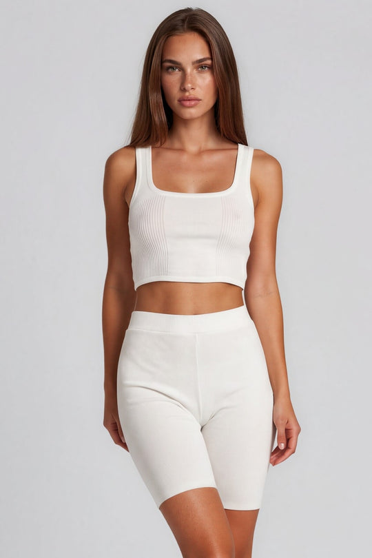 Crystal Knit Cycling Short Co-Ord Set - White