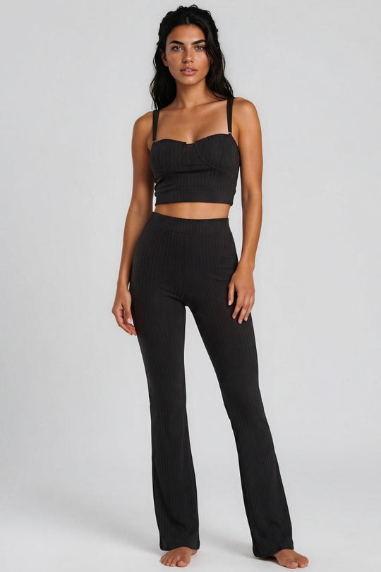 Bella Ribbed Bralette Trouser Co-Ord Set - Black