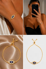 Crystal Evil Eye Adjustable Slider Bracelet - Gold