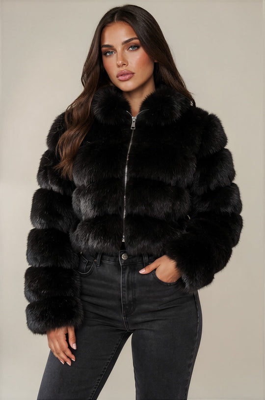 Clara Faux Fur Hooded Cropped Jacket – Black