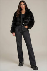 Clara Faux Fur Hooded Cropped Jacket – Black