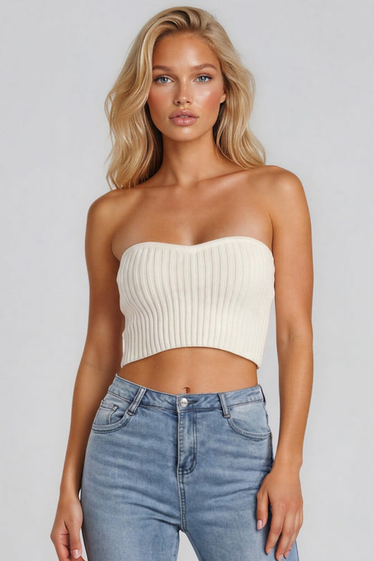 Adele Knitted Sweetheart Bandeau Top - White