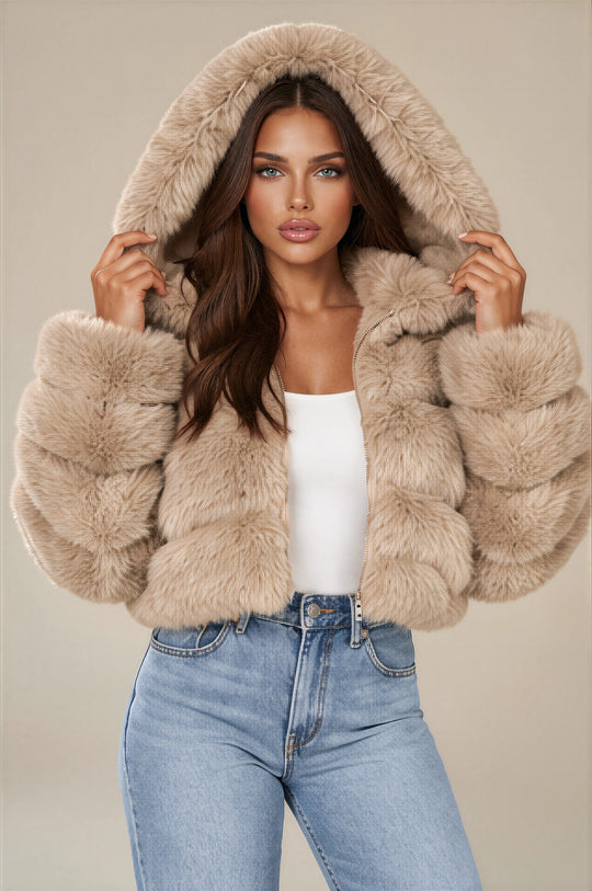 Clara Faux Fur Hooded Cropped Jacket – Beige