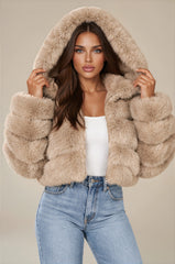 Clara Faux Fur Hooded Cropped Jacket – Beige