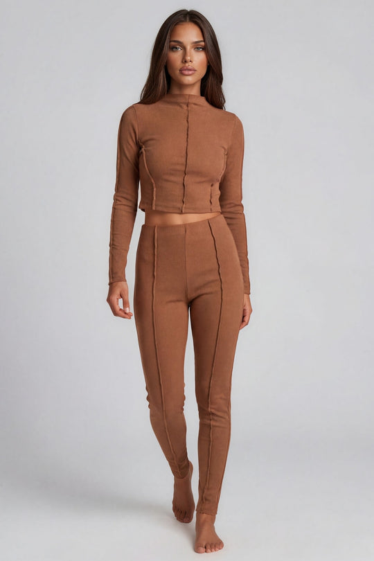 Katalina Ribbed Exposed Seam Co-Ord Set - Camel