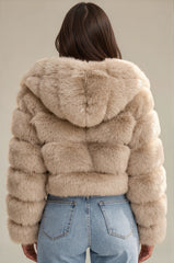 Clara Faux Fur Hooded Cropped Jacket – Beige