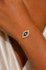 Crystal Evil Eye Adjustable Slider Bracelet - Gold