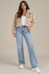 Clara Faux Fur Hooded Cropped Jacket – Beige