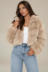Clara Faux Fur Hooded Cropped Jacket – Beige