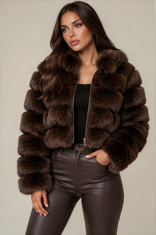 Clara Faux Fur Hooded Cropped Jacket – Chocolate