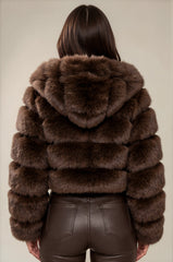 Clara Faux Fur Hooded Cropped Jacket – Chocolate