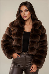 Clara Faux Fur Hooded Cropped Jacket – Chocolate