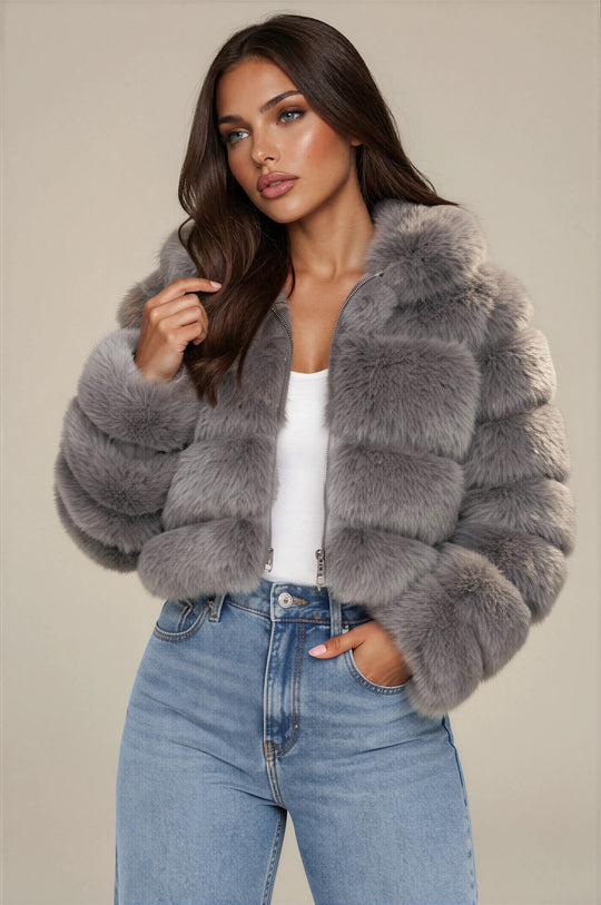 Clara Faux Fur Hooded Cropped Jacket – Grey