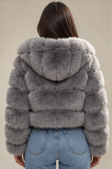 Clara Faux Fur Hooded Cropped Jacket – Grey