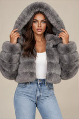 Clara Faux Fur Hooded Cropped Jacket – Grey
