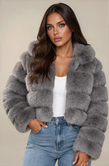 Clara Faux Fur Hooded Cropped Jacket – Grey