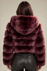 Clara Faux Fur Hooded Cropped Jacket – Wine