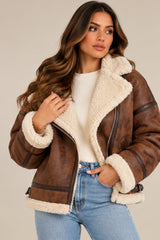 Amy Faux Suede Aviator Jacket – Brown