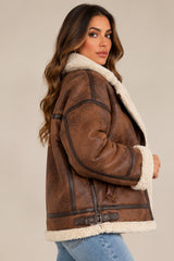 Amy Faux Suede Aviator Jacket – Brown