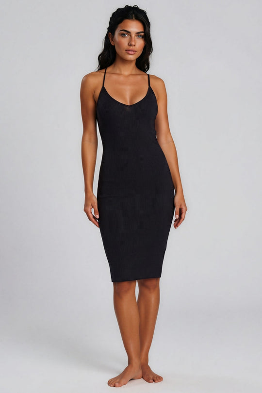 Leyla Ribbed Midi Dress - Black