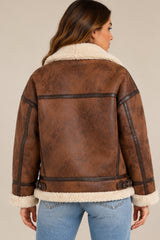 Amy Faux Suede Aviator Jacket – Brown