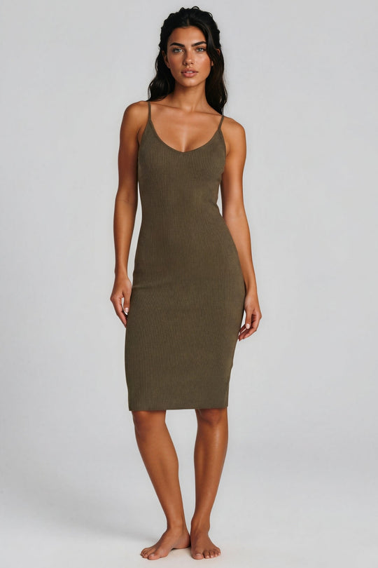 Leyla Ribbed Midi Dress - Khaki