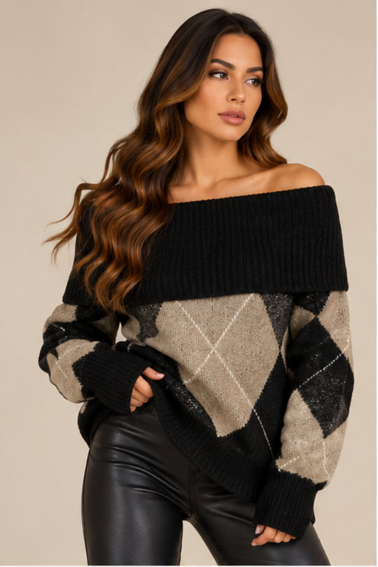 Violet Off-Shoulder Argyle Knit Jumper – Black