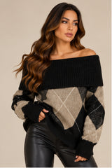 Violet Off-Shoulder Argyle Knit Jumper – Black