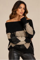 Violet Off-Shoulder Argyle Knit Jumper – Black